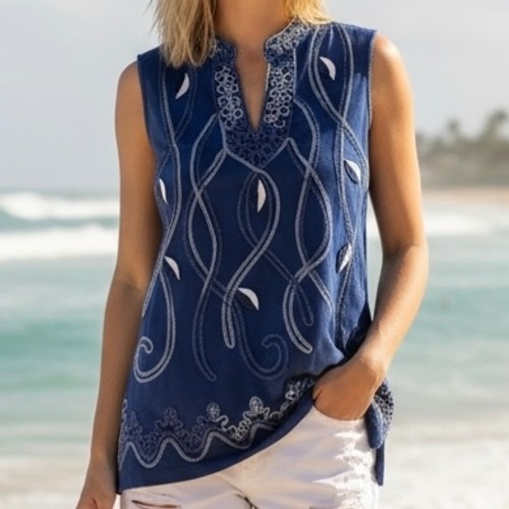 Navy Blue Silver Soutache Embroidered Tunic‎ Top Small Coastal Boho Artsy Resort